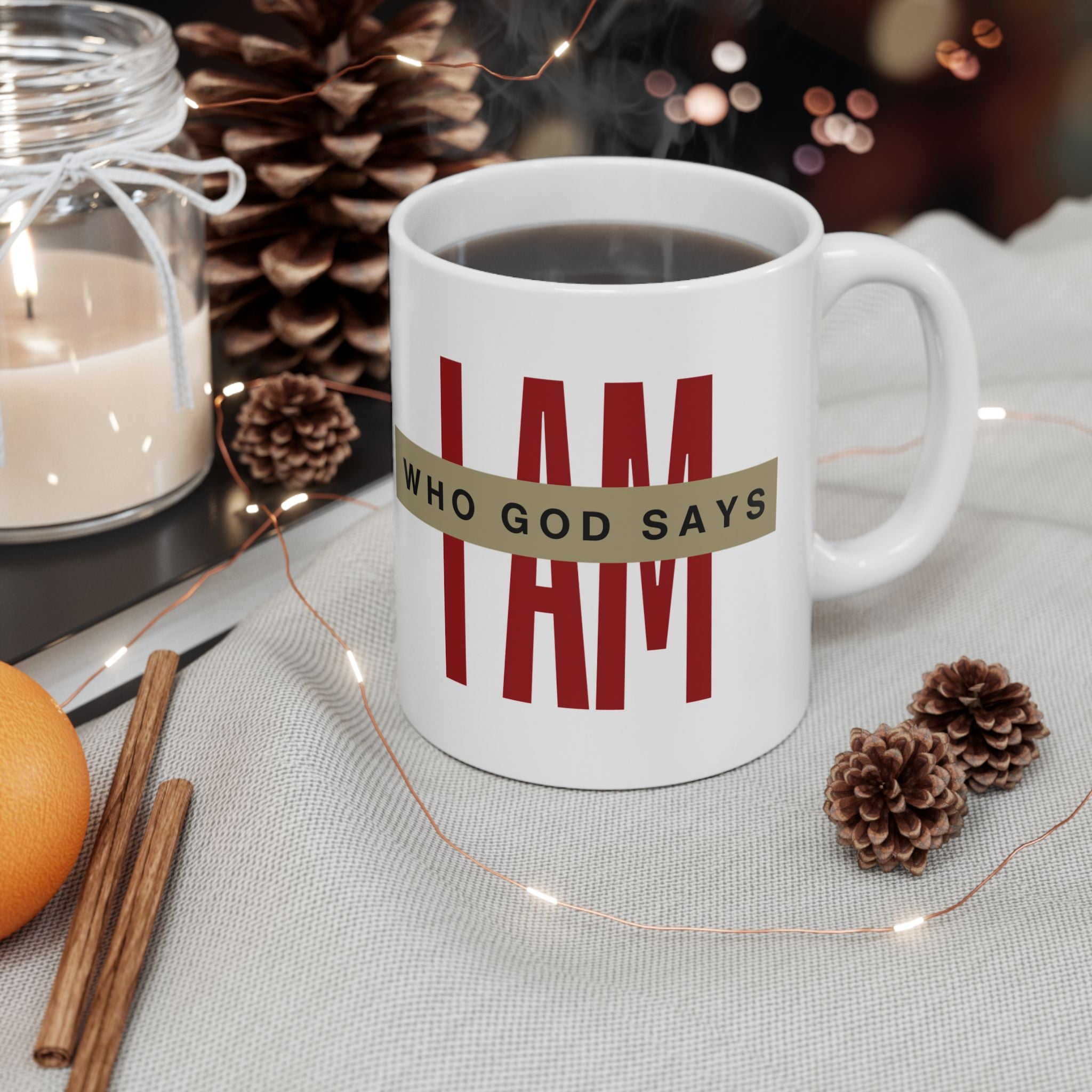 Who God Says I AM Mug | Minimal Red Bars Typography Ceramic Coffee Cup