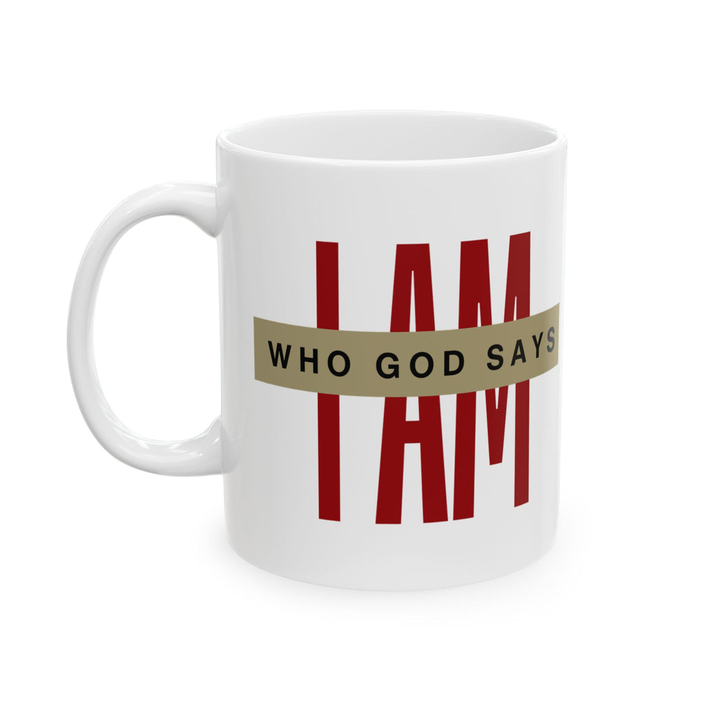 Who God Says I AM Mug | Minimal Red Bars Typography Ceramic Coffee Cup