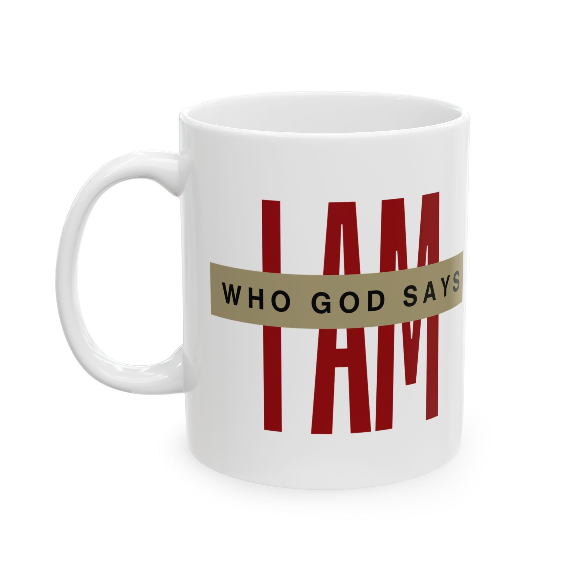 Who God Says I AM Mug | Minimal Red Bars Typography Ceramic Coffee Cup