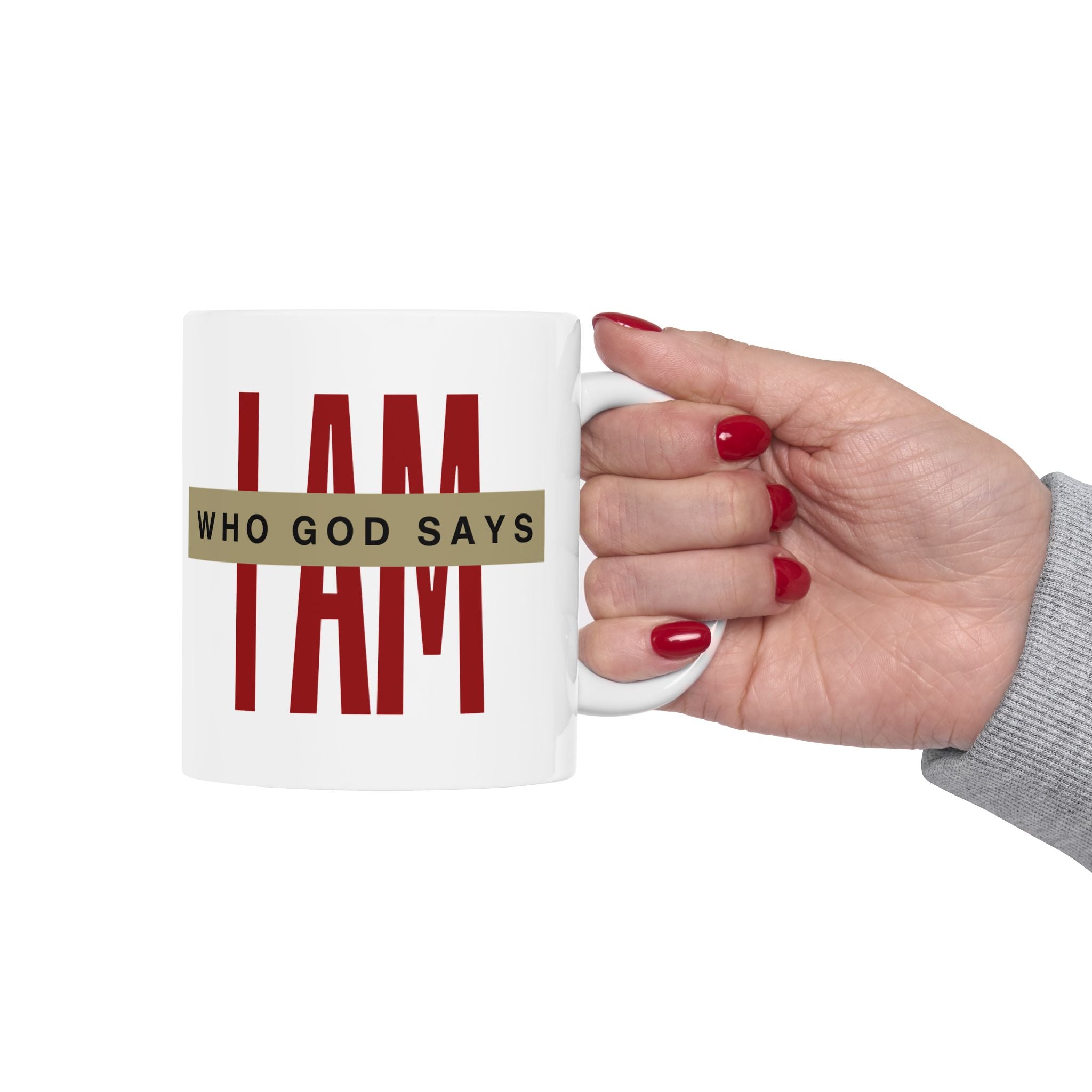 Who God Says I AM Mug | Minimal Red Bars Typography Ceramic Coffee Cup
