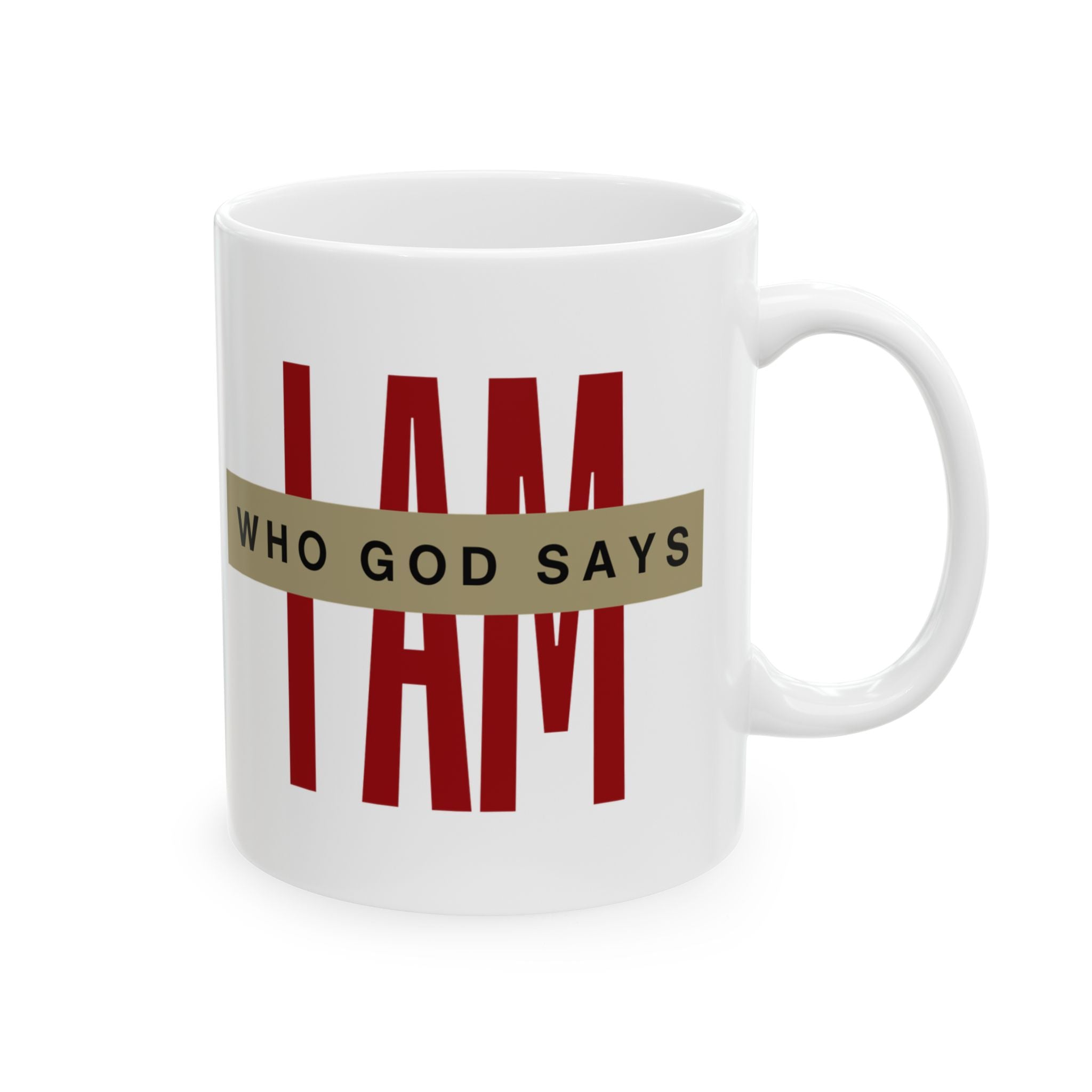 Who God Says I AM Mug | Minimal Red Bars Typography Ceramic Coffee Cup